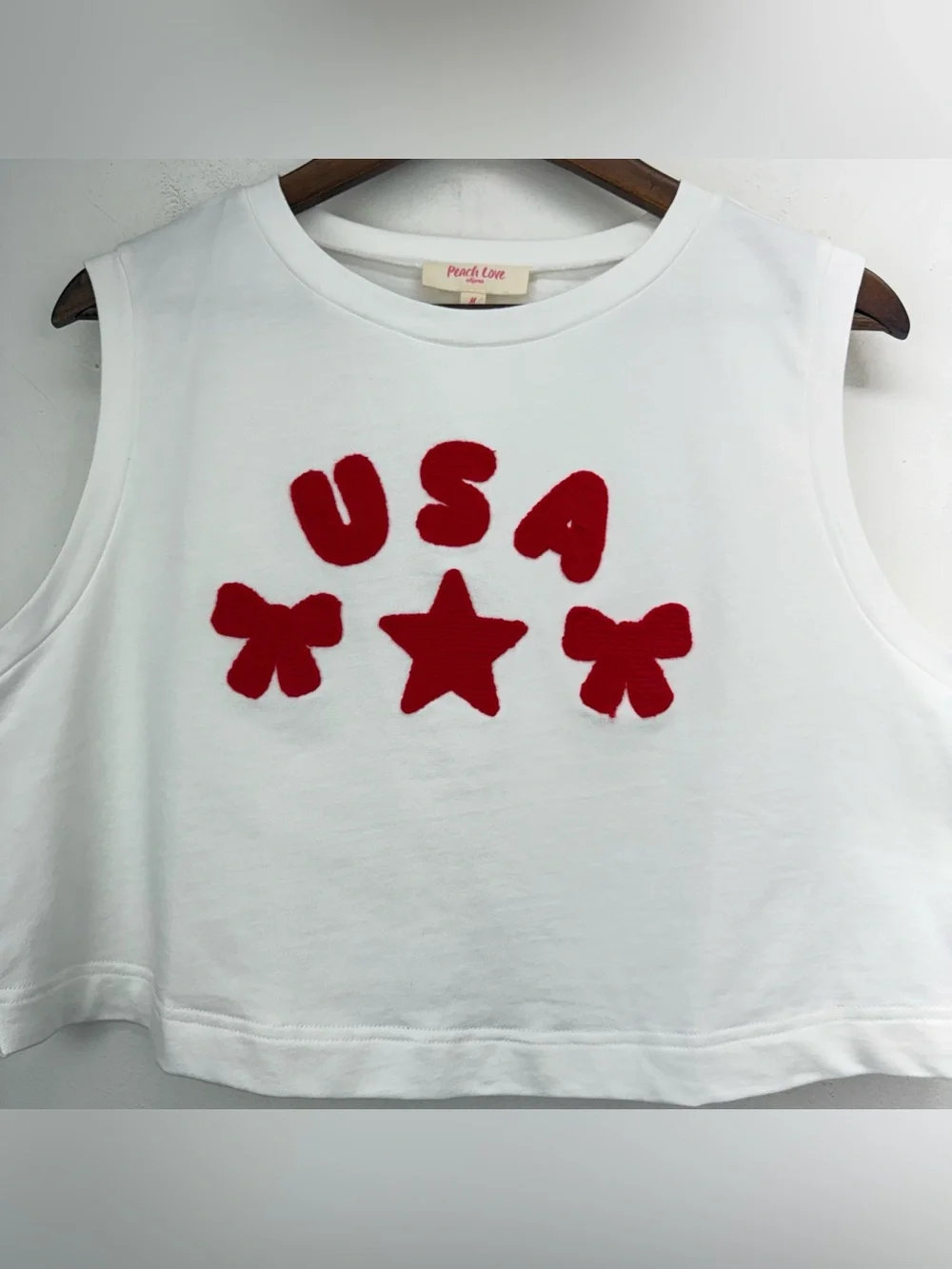 Peach Love California Sz Medium Women’s White Red USA Bow Star Top & Shorts Set